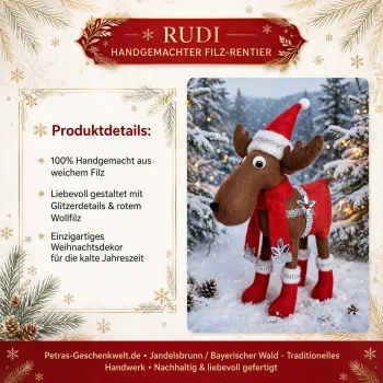 Filz Rentier 40cm Rudi mit Schlitten handgemacht - Weihnachtsdeko Elch